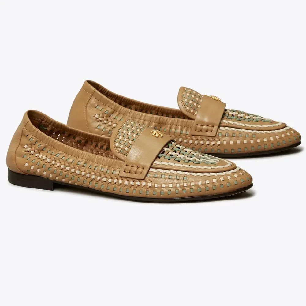 Tory Burch $348 Woven Ballet Loafer Flats Tan Blue SUPER COMFY!
